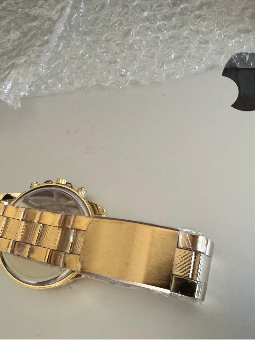 Chronograph analog round watch metal bracelet black bezel!